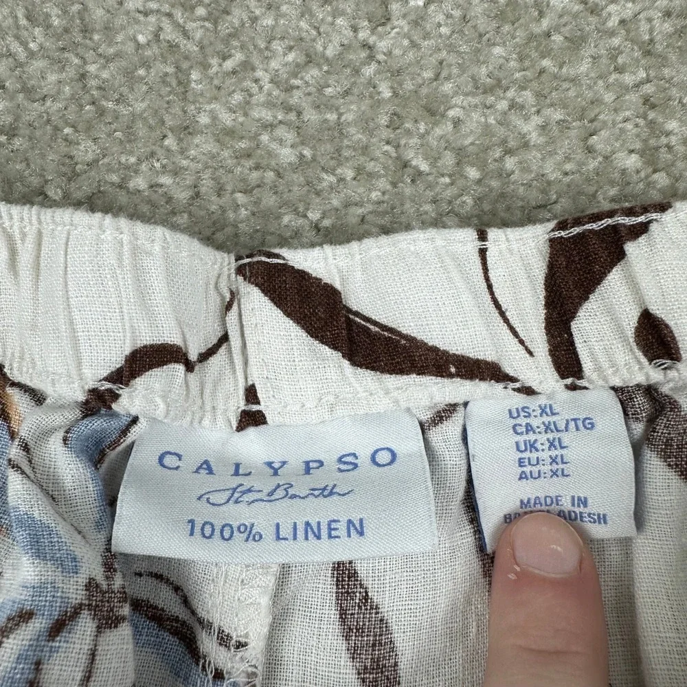Calypso St Barth Linen Wide Leg Pants XL White Floral Tropical Coastal Beachy
